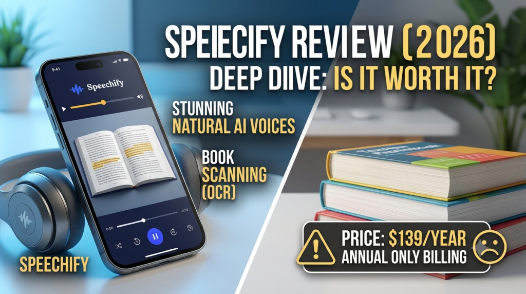 Speechify review 2026 showing mobile app OCR scanning feature and annual pricing model