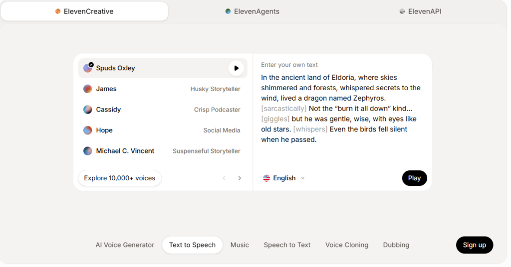 ElevenLabs AI Voice Generator Studio Dashboard with text input and voice settings