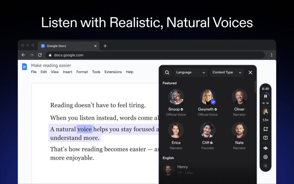 Speechify Chrome Extension interface highlighting text and reading web pages aloud