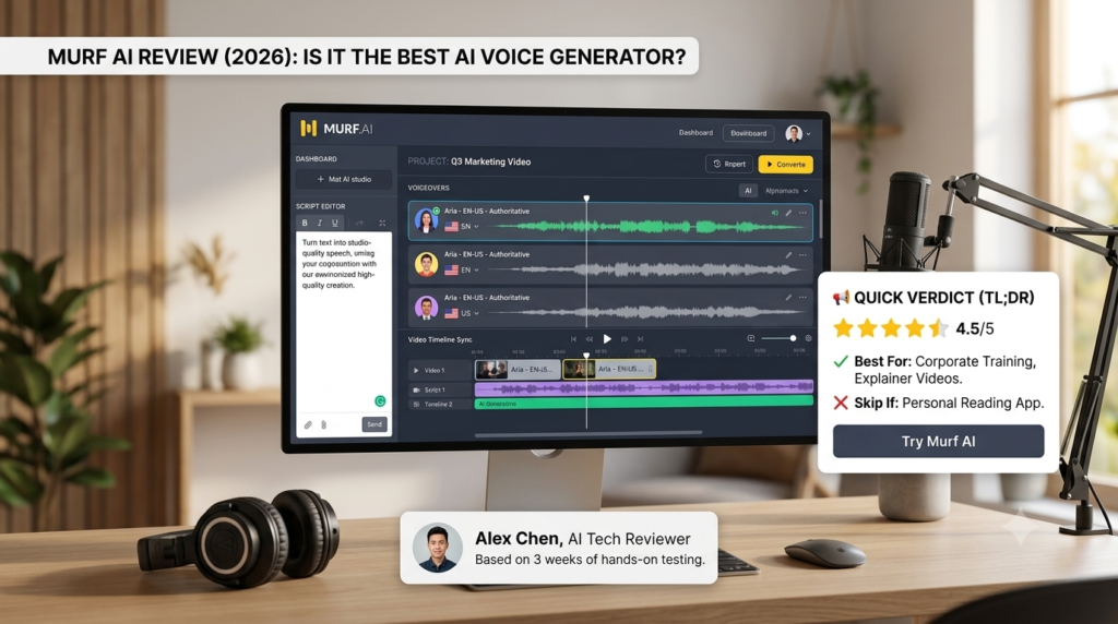 A professional tech blogger's workspace setup for a Murf AI Review (2026), featuring a monitor displaying the Murf studio interface, a podcast microphone, studio headphones, a detailed 'Quick Verdict (TL;DR)' card, and an author bio confirming Alex Chen's 3 weeks of hands-on testing.