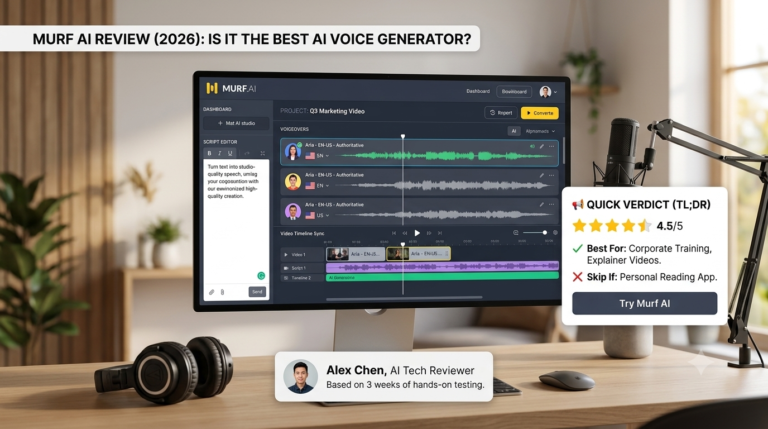 A professional tech blogger's workspace setup for a Murf AI Review (2026), featuring a monitor displaying the Murf studio interface, a podcast microphone, studio headphones, a detailed 'Quick Verdict (TL;DR)' card, and an author bio confirming Alex Chen's 3 weeks of hands-on testing.