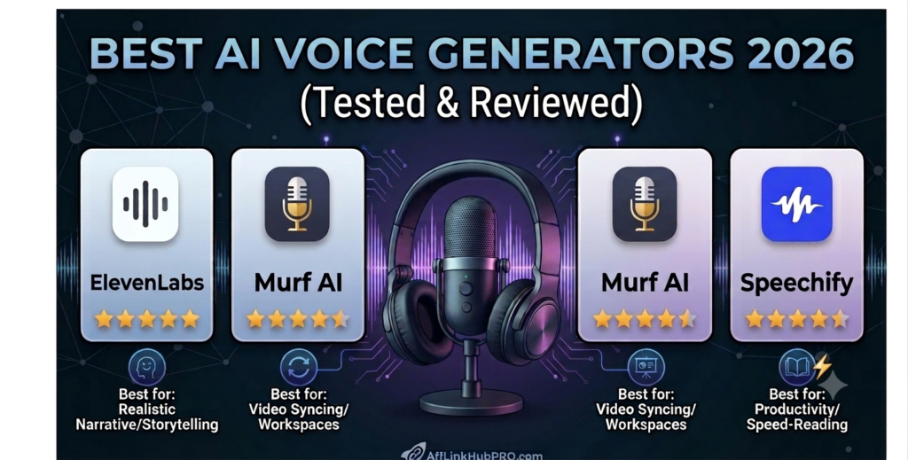 Comparison image of the best AI voice generators in 2026 featuring ElevenLabs, Murf AI, and Speechify