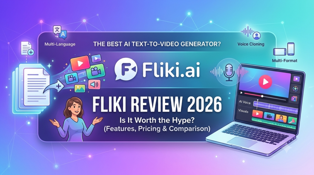 A modern feature image for a Fliki.ai review, showing the seamless transformation of text to AI-generated video and high-quality voiceover for content creation.